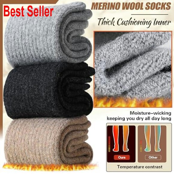 Merino Wool Thermal Socks Cozy Warm Winter Hiking Boot Crew Comfy - Picture 3 of 8